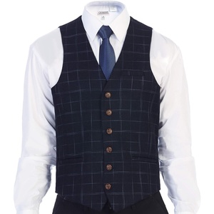 image:imageGioberti Mens 6 Button Formal Herringbone Tweed Vest22  Gridwork Navy