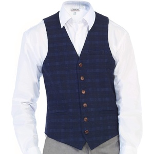 image:imageGioberti Mens 6 Button Formal Herringbone Tweed Vest3  Plaid Navy