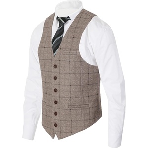 image:imageGioberti Mens 6 Button Formal Herringbone Tweed Vest92  Brown Herringbone Graph