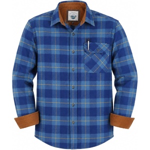 image:imageGioberti Mens Brushed Flannel 100 Cotton Plaid Checkered Shirt with Corduroy Contrast1140  Blue  Cobalt  Yellow Highlight