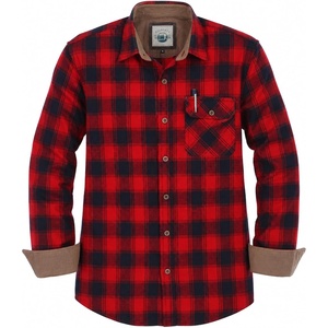 image:imageGioberti Mens Brushed Flannel 100 Cotton Plaid Checkered Shirt with Corduroy Contrast74  Red  Navy